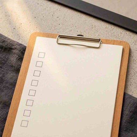 Clipboard with a blank sheet of paper on a gray background