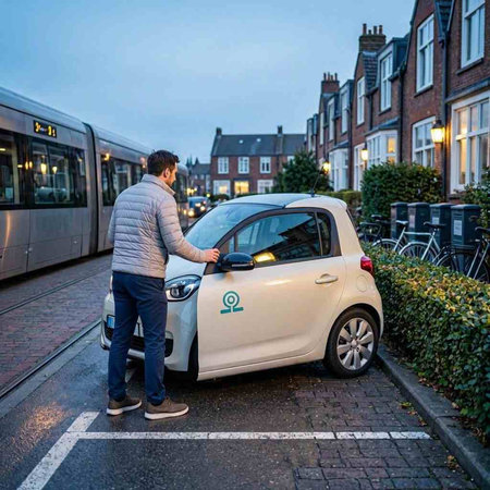 A young man is standing next to his electric car in the evening.