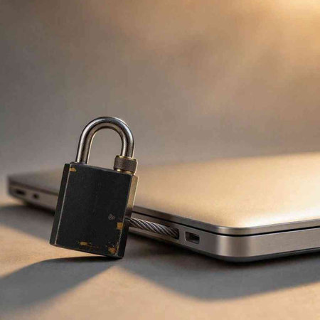 Laptop and padlock on a gray background. The concept of data protection.