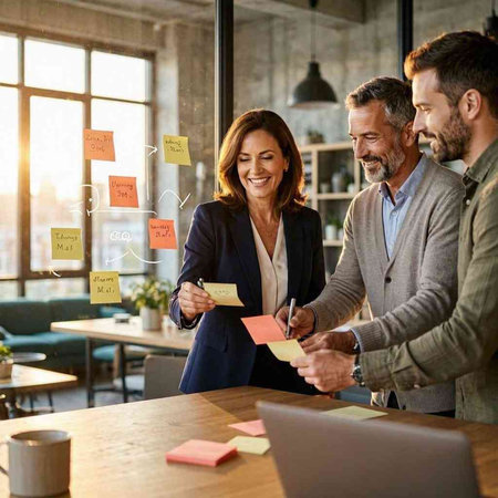 Business people working together in office with sticky notes on glass wall.