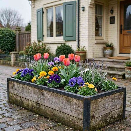 Tulips and pansies in a flowerpot in front of a house