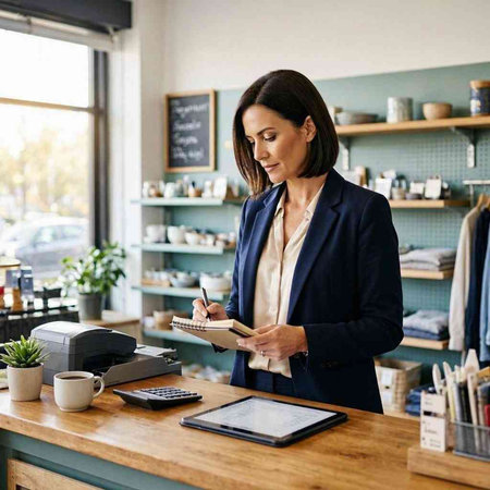 Businesswoman making notes in notepad while standing at table in coffee shop