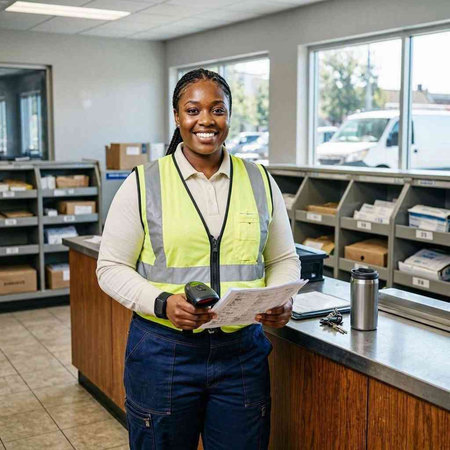 Portrait of smiling african american female worker standing at reception desk in warehouse