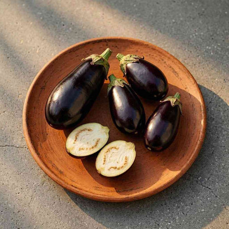 Eggplants in a clay plate on a concrete background.