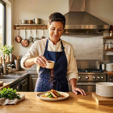 Portrait of middle aged woman in apron standing in modern kitchen and making breakfast.