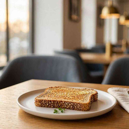 Toast with sesame seeds on a white plate in a cafe