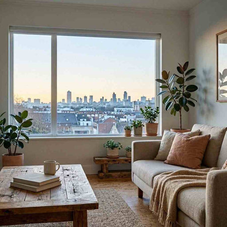 Cozy living room with a view of the city from the window
