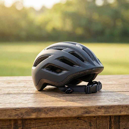 Bicycle helmet on a wooden table against the background of nature.