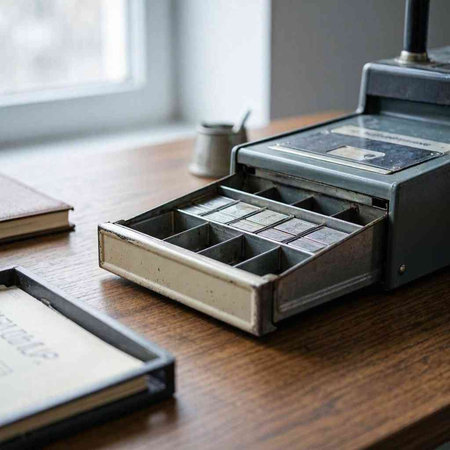 Old cash register on a wooden table with books and an open book