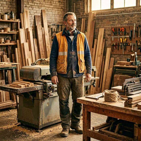 Carpenter working in his carpentry workshop. Portrait of mature carpenter standing in his workshop.