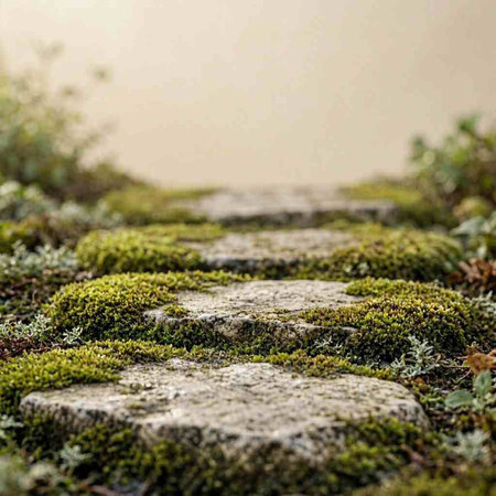 Stone walkway in the forest with moss on the ground. Natural background.