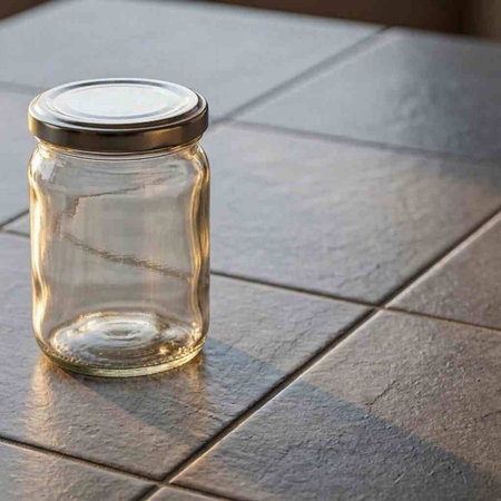 Empty glass jar on a tiled floor. Close-up.