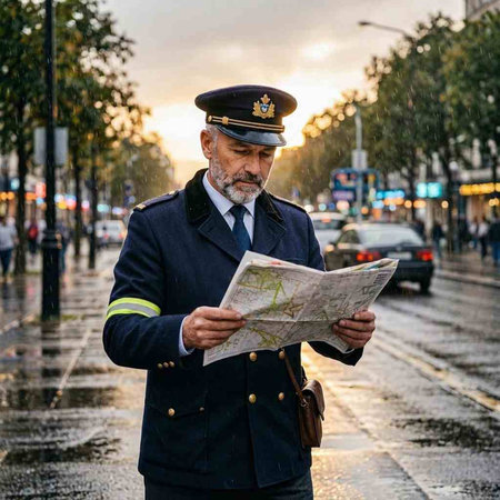 Parisian police officer reading a map in the rain
