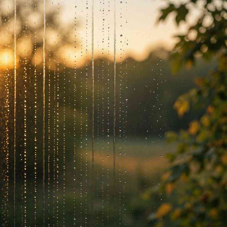 raindrops on the window in the autumn forest at sunset. close-up