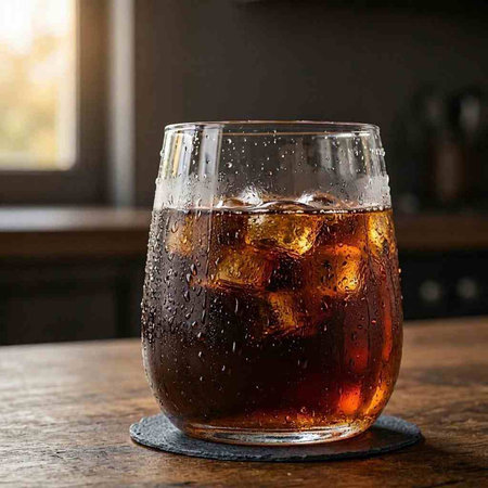 A glass of cola with ice on a wooden table in the kitchen