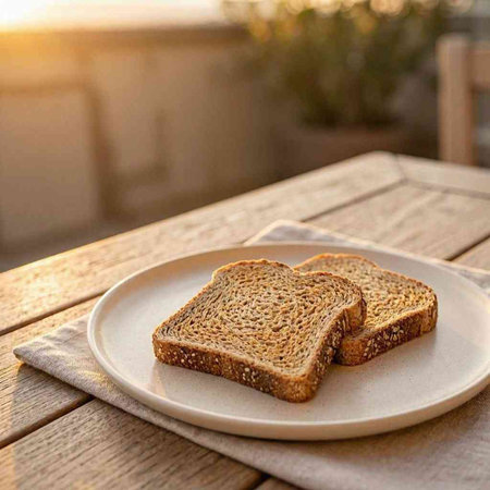 Two slices of bread on a plate on a wooden table in the sunlight