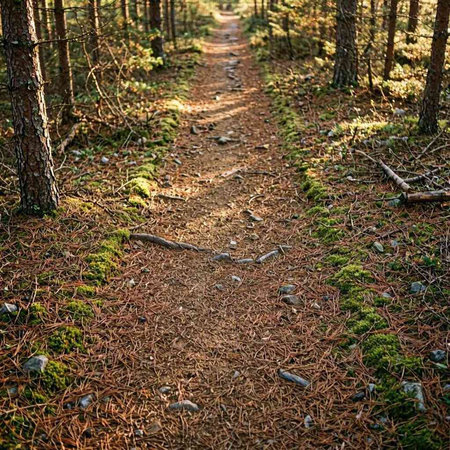 Path in the pine forest. Early spring in the forest. Coniferous forest.