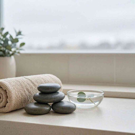 Spa still life with zen stones, towel and eucalyptus on the windowsill