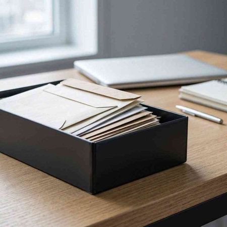 Close-up of a black box with envelopes on the table.