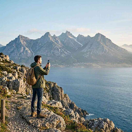 Man with a camera on the top of a mountain and looking at the sea