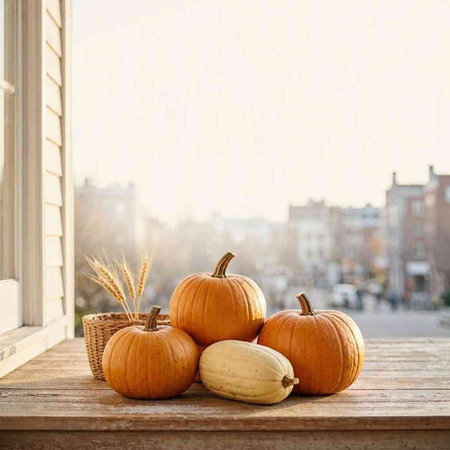 Autumn still life with pumpkins and wheat ears on a window sill