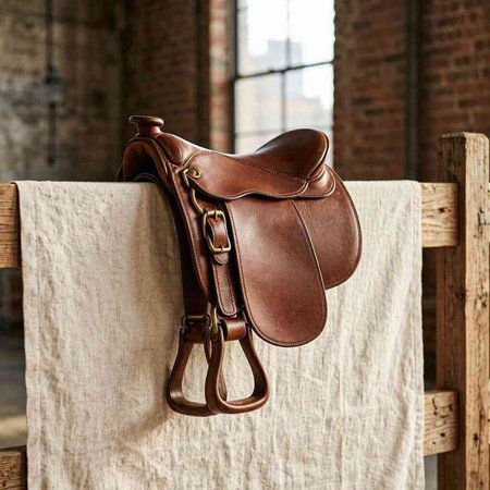 Leather saddle hanging on a wall in a room with a window