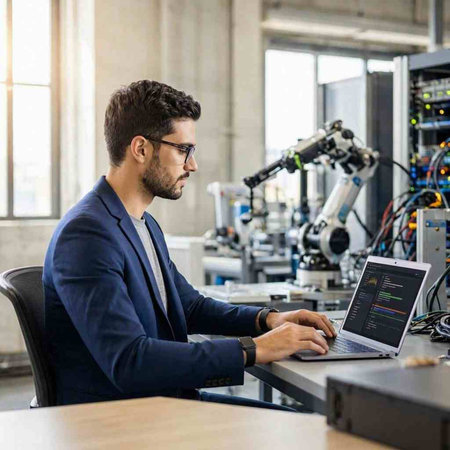 Engineer working on laptop computer in modern industrial factory. Industrial and technology concept
