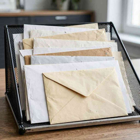 Envelopes in a metal holder on a wooden table. Close-up