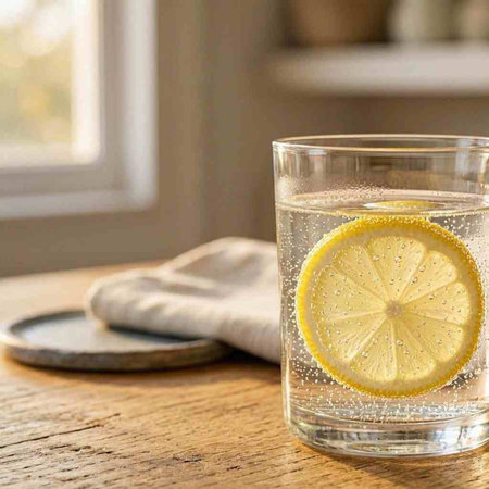 A glass of water with lemon slices on a wooden table in the kitchen