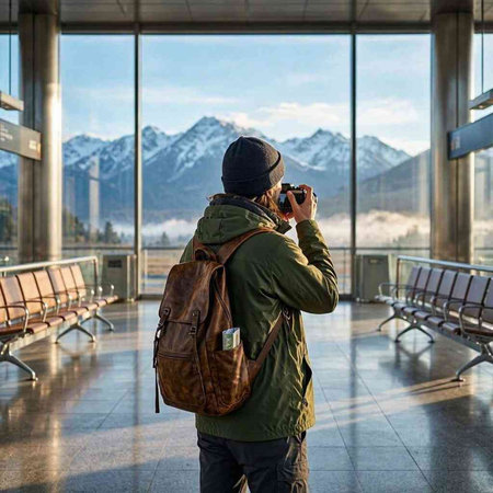 Tourist taking photos of the snow capped mountains at the airport.