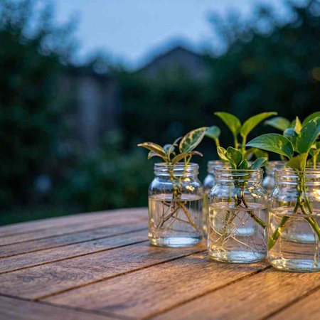 Plants in glass bottles on a wooden table in the garden.
