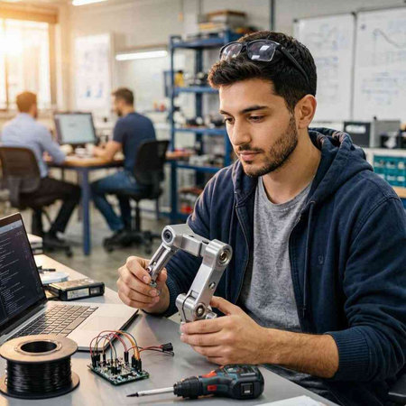 Young man working on a robotic arm in a factory. Technology concept.
