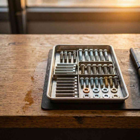 A set of metal screwdriver bits on a wooden table in a workshop