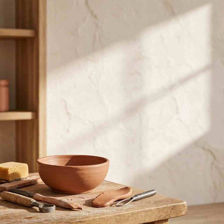 A clay bowl on a table in a pottery workshop with tools
