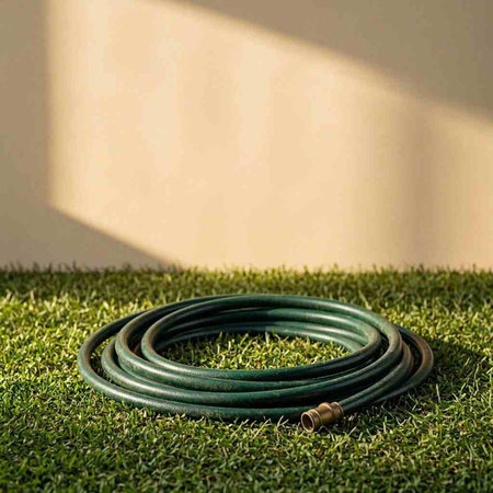 Garden hose on green grass with sunlight and shadow on the wall