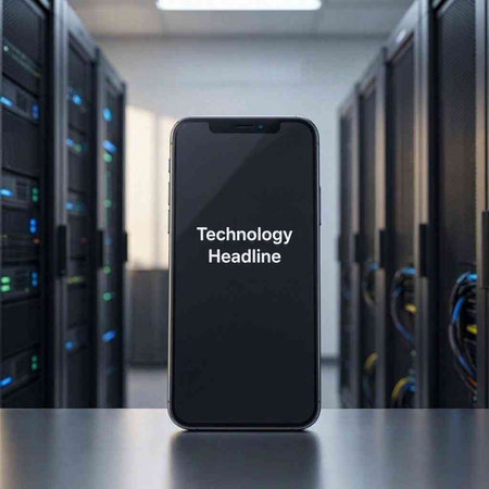 Telecommunication technology concept. Smartphone with the inscription Telecommunication technology on the screen in a server room.