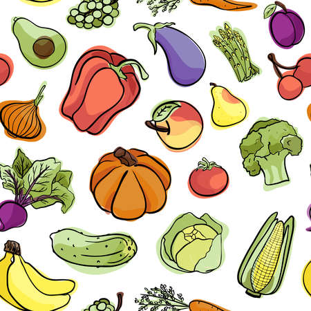 Vegan food. seamless vector pattern of vegetables and fruits in the doodle styleのイラスト素材