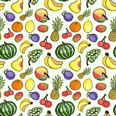 Vegan food. World Vegan Day. Seamless vector pattern of fruits in the doodle style