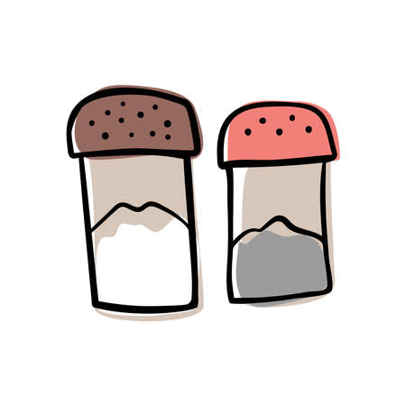 color vector illustration of salt shakers with salt and pepper. A doodle-style cooking tool on an isolated backgroundのイラスト素材