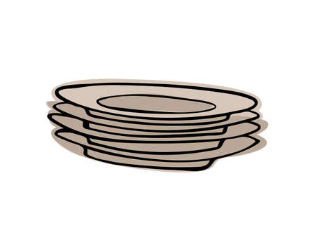 color vector illustration of plates stacked on top of each other side view Doodle style cooking tool on isolated backgroundのイラスト素材
