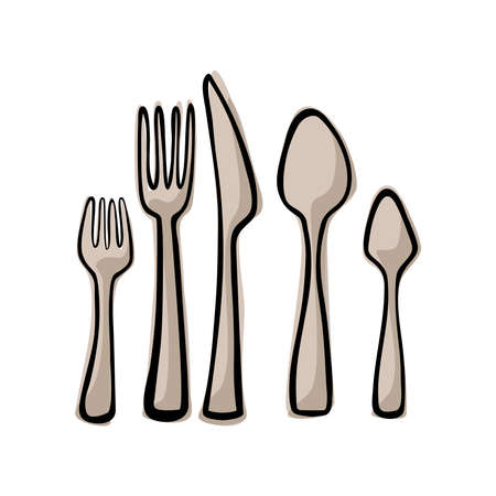 Doodle-style tableware, top view. Cutlery, such as a knife, spoon, fork. Color vector illustration on an isolated white backgroundのイラスト素材