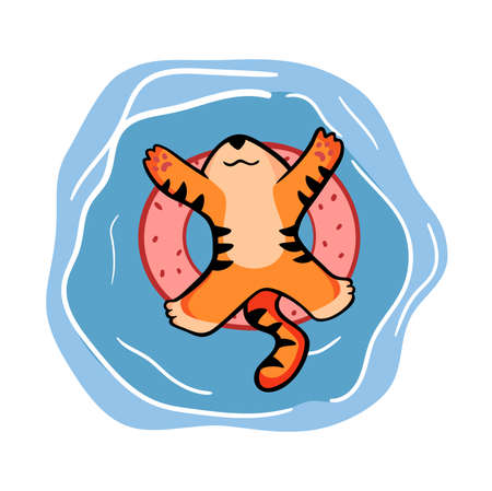 Vector illustration of the symbol of the year 2022. Tiger swims on the sea in doodle styleのイラスト素材