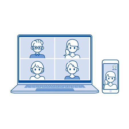 Perform remote work; videophone calls; conferences and meetings using a computer or mobileのイラスト素材