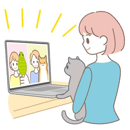 Woman making an online call with a pet to make an online call with petのイラスト素材