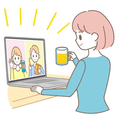 æ¥½ãããªã³ã©ã¤ã³é£²ã¿ä¼ãããå¥³æ§ãA woman having a fun online drinking partyのイラスト素材