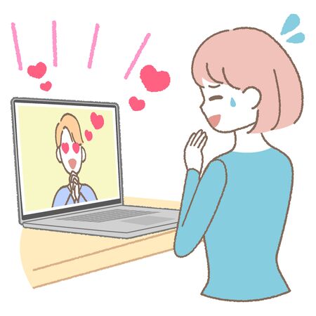 ãªã³ã©ã¤ã³åã³ã³ã§å¥½ããã¦å°ã£ã¦ããå¥³æ§ãWomen who are liked and troubled at online joint partiesのイラスト素材