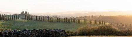 Tuscan panorama with hills and cypresses at sunsetの写真素材