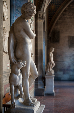 Florence, Italy - 2018, July 1: ? ?? Bacchus and Panther?? white marble statue (Florentine art, 16th century), from the Medici granducal collection. It is located at the Bargello Museum, in Florence, Italy.のeditorial素材