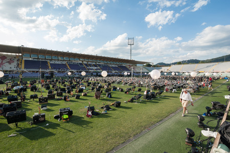 Florence, Italy - 2018, July 21: Guitars and amplifiers ready for the ? ?? Rockin? ?? 1000 - That? ?? s Live?? , the biggest rock band in the world.のeditorial素材