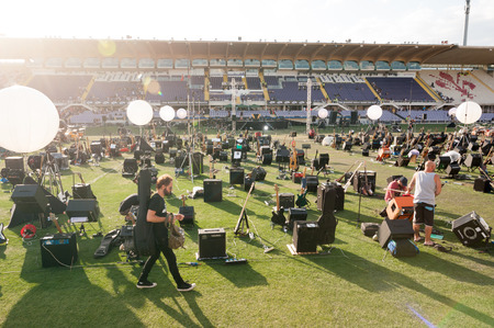 Florence, Italy - 2018, July 21: Guitars and amplifiers ready for the ? ?? Rockin? ?? 1000 - That? ?? s Live?? , the biggest rock band in the world.のeditorial素材